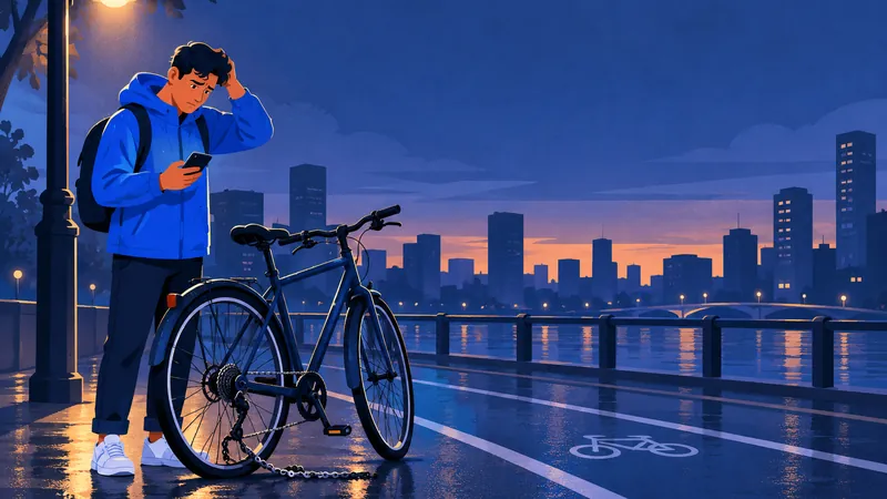 Illustration: a commuter beside a city bike with a slipped chain, checking a phone at dusk.