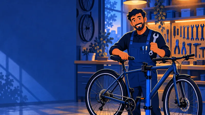 Illustration: a mechanic beside a bicycle on a repair stand in a small workshop.
