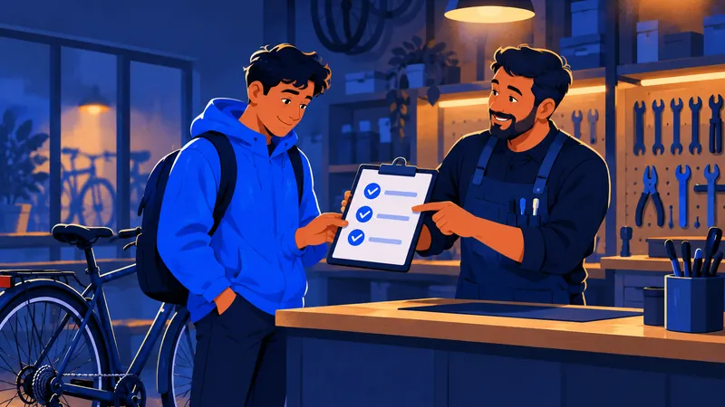 Illustration: the mechanic walks the commuter through a checklist at the counter.