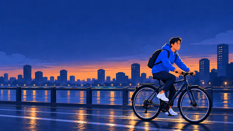 Illustration: the commuter rides the repaired bike across a bridge at golden hour.
