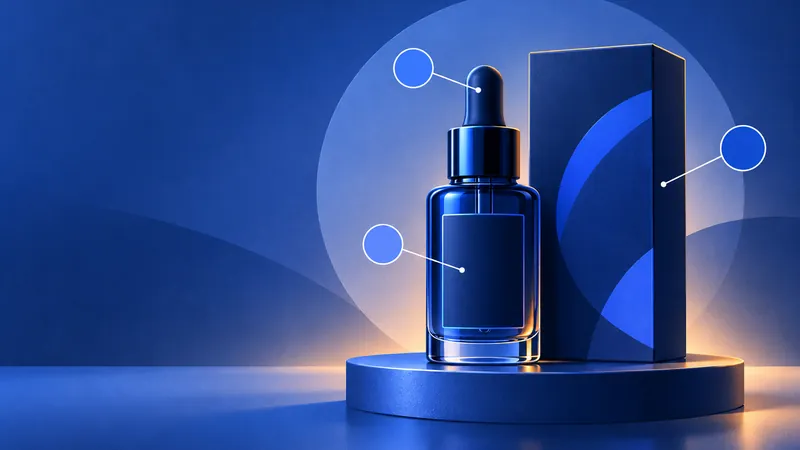 Illustration: a skincare serum bottle and its box on a round plinth, with three callout dots.