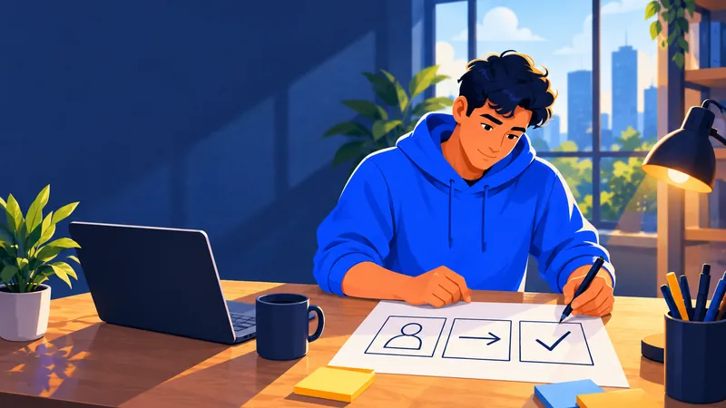 Illustration: a business owner in a blue hoodie sketching a three-panel storyboard on paper.