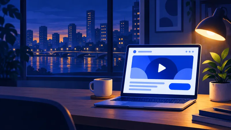 Illustration: a laptop on a desk at night showing a landing page with a video play button.