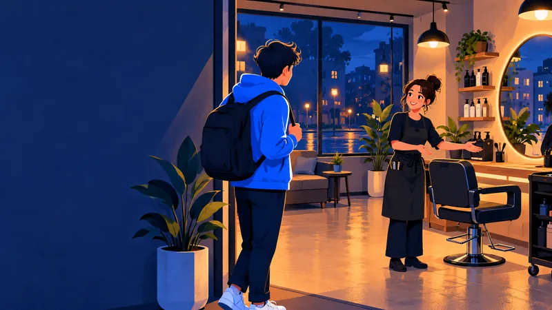 Illustration: a hair stylist in a black apron welcoming a client into a neighbourhood salon.